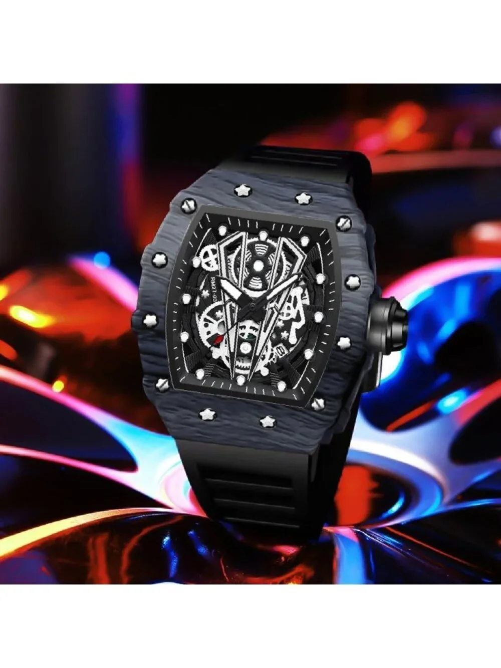 Men's All Black Analog Quartz Silicone Strap Barrel-Shaped Skeleton Luxury Watch